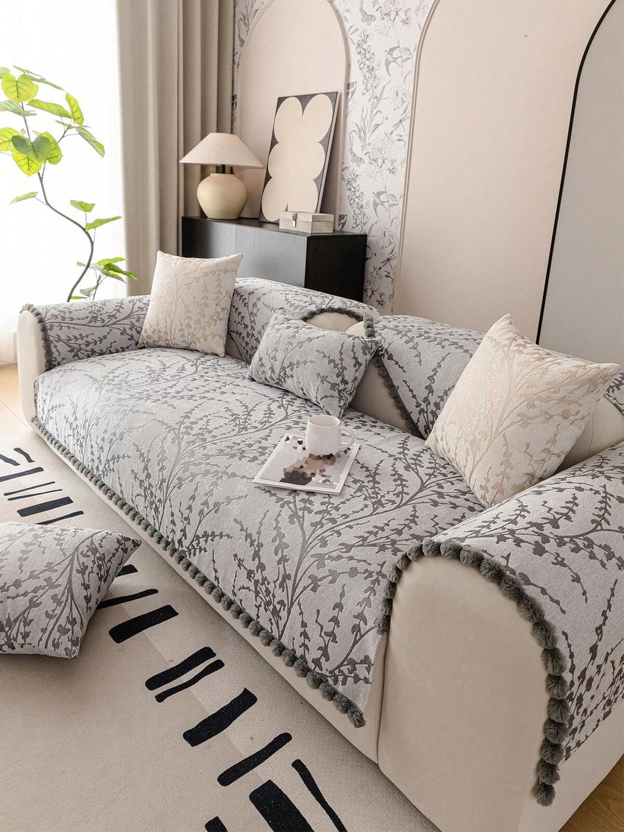 1pc Branch Black & White Sofa Cover, Romantic Premium Heavy Snowy & Tassel Design Slip-resistant Couch Cushion, Four Season Festival Wedding Decoration Home Textile