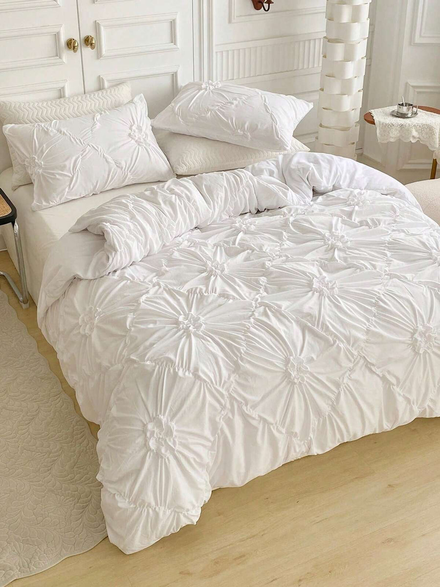 3pcs Khaki Chiffon Pinched Flower Design Duvet Cover Set With Pillow Cases, Simple & Fashionable Polyester Bedding Set, Suitable For All Seasons,3D Rose/Flower,Valentine's Day