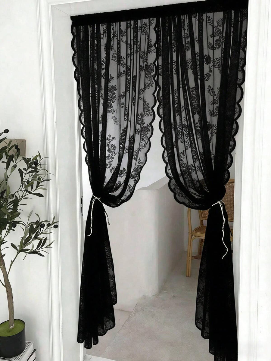 1pc Beige Lace Trim Curtain Panel, Comfortable Floral Pattern Semi-Sheer Bohemian Style Room Divider Curtain, Decorative Window Curtain For Bedroom, Living Room, Home Decor, Suitable For All Seasons (Tie-Backs Not Included)
