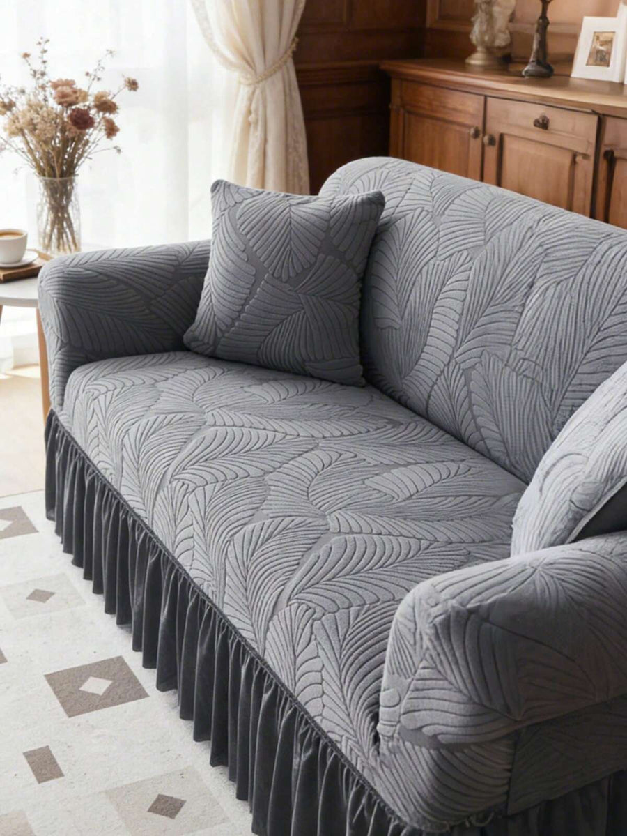 1pc Stretchy Sofa Cover With Modern Style Polyester Fiber Leaf Pattern Skirt Design, Dustproof & Anti-Slip Slipcover For 1/2/3/4 Seater Sofa, All Seasons